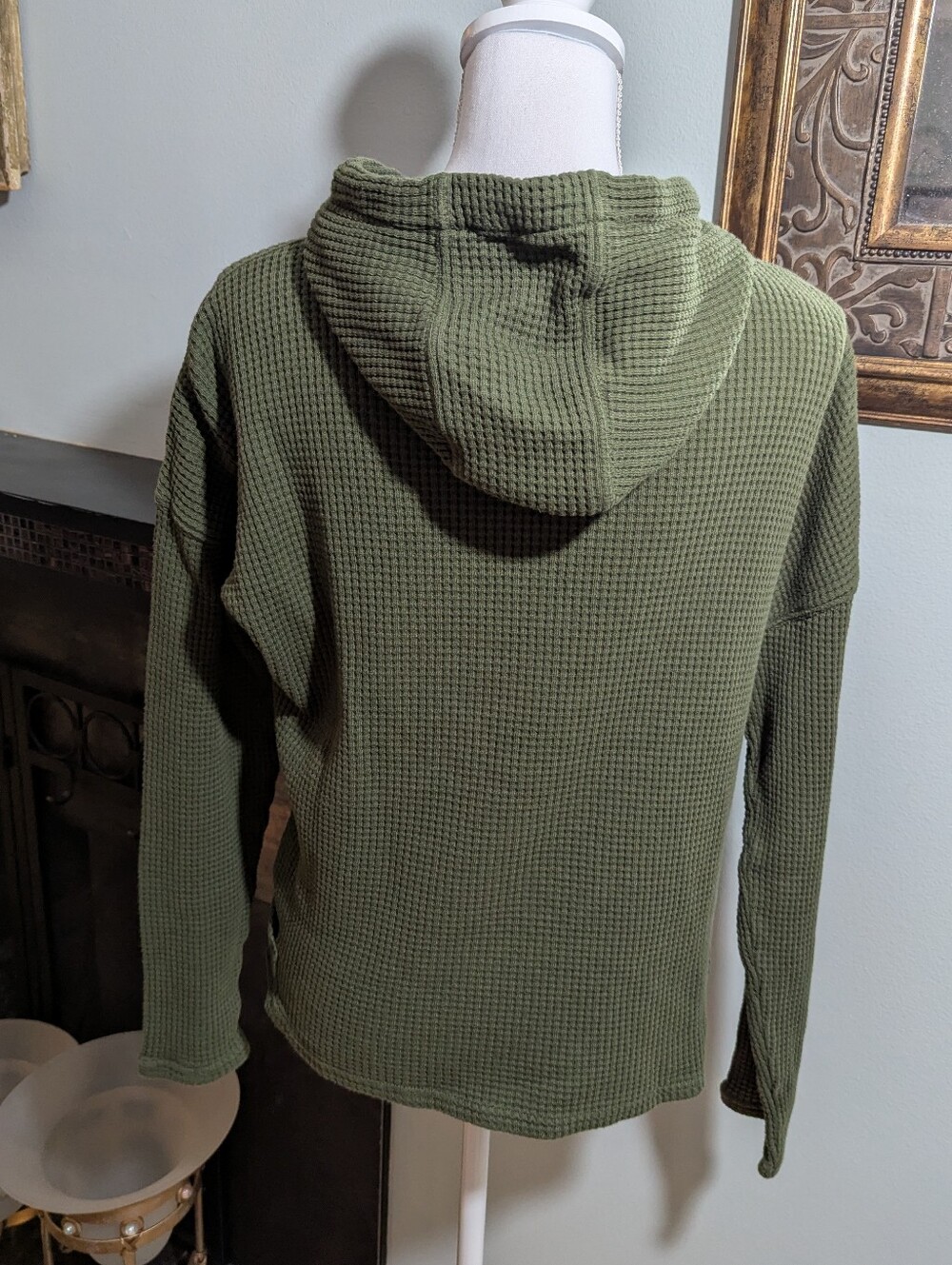Carhartt Relaxed Fit Waffle Knit Thermal Hoodie Shirt Olive Pockets Wmns Small - Picture 5 of 10